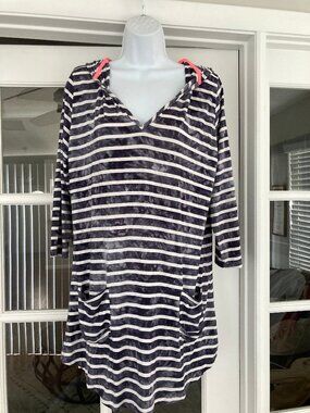 Blue Carribbean Beachwear Striped Hooded Cover Up M
